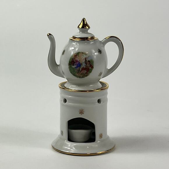 Limoges Other - Limoges Miniature Teapot With Warmer Stand France White Mini Gold Trim Vintage